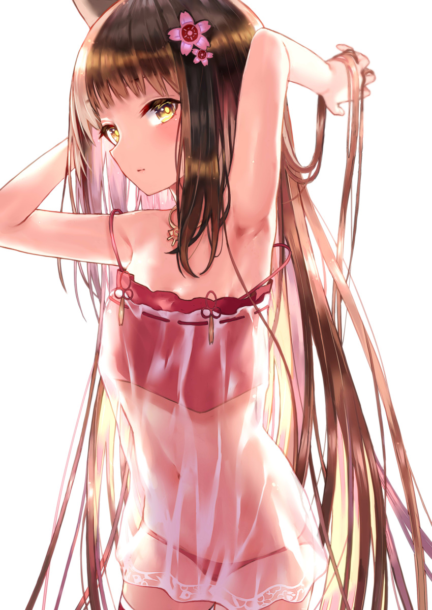 1girl absurdres animal_ears armpit_crease armpits azur_lane bangs bare_shoulders blunt_bangs blush bra breasts brown_hair chemise cowboy_shot denchu_(kazudentyu) flower fox_ears hair_flower hair_ornament hand_in_hair highres hime_cut jewelry lingerie long_hair looking_at_viewer midriff nagato_(azur_lane) navel necklace panties red_bra red_panties see-through sidelocks simple_background small_breasts solo spaghetti_strap strap_slip underwear white_background yellow_eyes