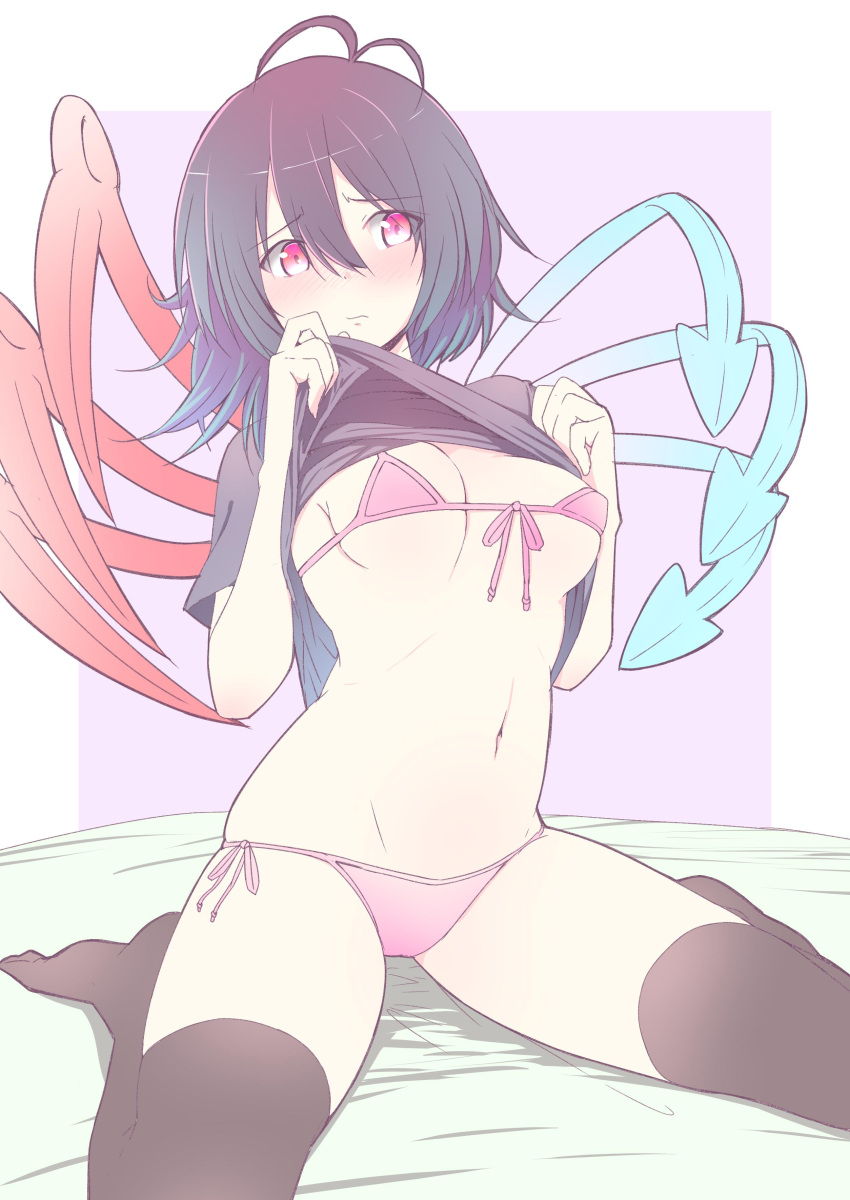 1girl absurdres antenna_hair asymmetrical_wings bangs bed_sheet bikini black_hair black_legwear black_shirt blue_wings blush border breasts commentary eyebrows_visible_through_hair front-tie_bikini front-tie_top hair_between_eyes highres houjuu_nue lifted_by_self looking_at_viewer navel nirap no_shoes outside_border pink_background pink_bikini pink_eyes red_wings shadow shirt shirt_lift short_hair short_sleeves side-tie_bikini simple_background sitting small_breasts solo stomach swimsuit thigh-highs thighs touhou wariza white_border wings