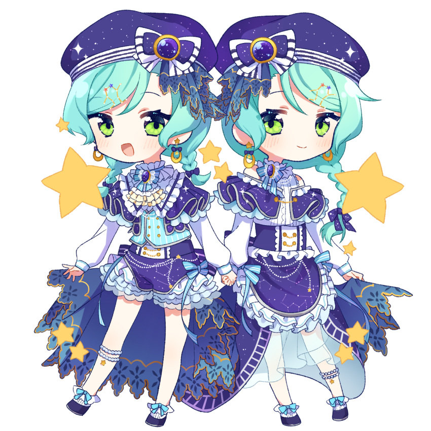 2girls :d alternate_hairstyle aqua_hair ascot bang_dream! beret blue_bow blue_headwear blue_neckwear blush bow bow_footwear bowtie braid brooch constellation_hair_ornament constellation_print double-breasted earrings frilled_shirt_collar frills full_body green_eyes hand_holding hat hat_bow highres hikawa_hina hikawa_sayo hinakano_h jewelry leg_strap long_hair long_sleeves looking_at_viewer medium_hair multiple_girls navy_blue_footwear open_mouth overskirt shoes siblings single_braid sisters skirt_hold smile standing star starry_sky_print striped transparent_background twin_braids twins vertical_stripes