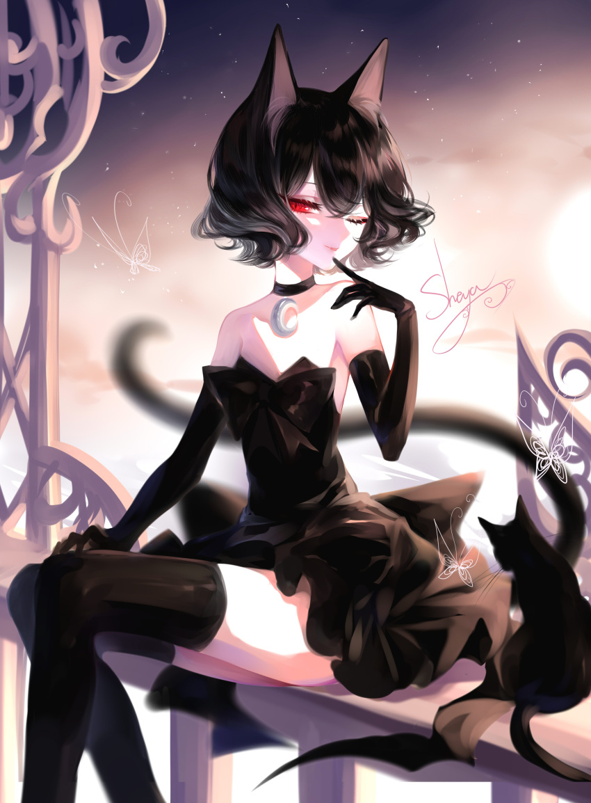 1girl ;) absurdres animal_ears artist_name bangs bare_shoulders black_bow black_cat black_choker black_dress black_gloves black_hair black_legwear bow bug butterfly cat cat_ears choker dress dusk elbow_gloves feet_out_of_frame finger_to_mouth flat_chest gloves hair_between_eyes hand_up highres insect looking_at_viewer one_eye_closed original outdoors railing red_eyes sheya short_dress short_hair signature sitting sky smile solo star_(sky) starry_sky strapless strapless_dress thigh-highs thighs zettai_ryouiki