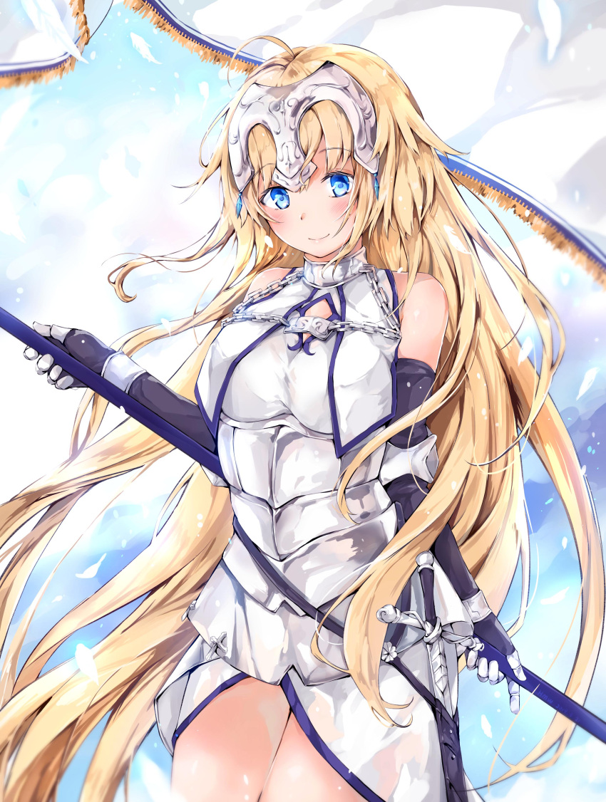 1girl absurdres ahoge armor armored_dress bangs bare_shoulders black_gloves blonde_hair blue_eyes blush breasts chains closed_mouth dress elbow_gloves eyebrows_visible_through_hair fate/grand_order fate_(series) feathers flag gauntlets gloves hair_between_eyes head_tilt headpiece highres hmw_(pixiv7054584) holding holding_flag jeanne_d'arc_(fate) jeanne_d'arc_(fate)_(all) long_hair looking_at_viewer medium_breasts smile solo standard_bearer sword very_long_hair weapon white_dress white_feathers white_flag