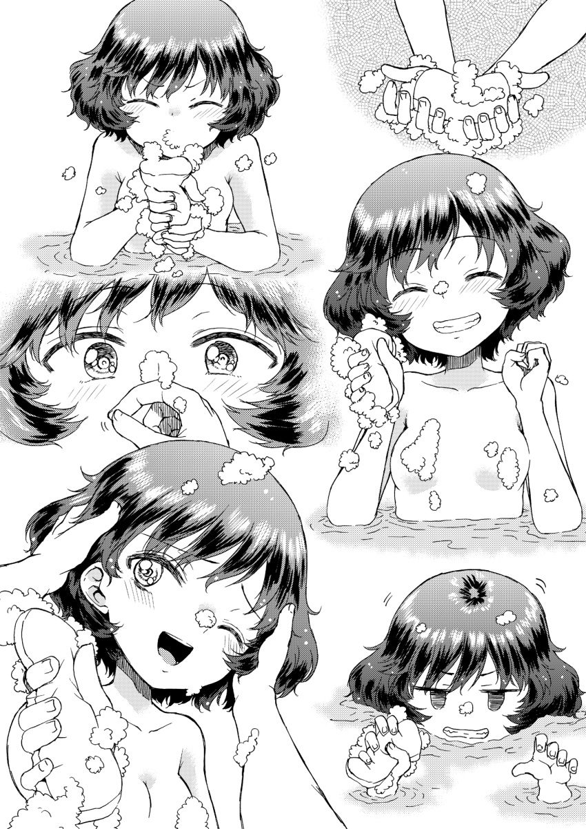1girl :d akiyama_yukari blowing clenched_teeth closed_eyes doujinshi foam girls_und_panzer grin hand_in_another's_hair hand_on_another's_head highres hirota_masatane jitome looking_at_viewer messy_hair monochrome multiple_views one_eye_closed open_mouth partially_submerged petting screentones short_hair smile soap_bubbles sponge teeth