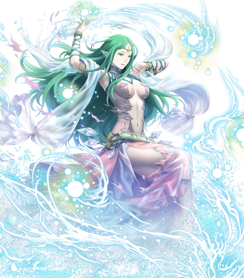 1girl armpits bangs bare_shoulders belt bracelet breasts dress fire_emblem fire_emblem:_kakusei fire_emblem:_mystery_of_the_emblem fire_emblem_heroes full_body gem green_eyes green_hair hands_up highres jewelry long_hair looking_away mamkute mayachise medium_breasts naga_(fire_emblem) navel non-web_source official_art pale_skin parted_bangs parted_lips pointy_ears sleeveless sleeveless_dress solo stomach tiara torn_clothes torn_dress transparent_background turtleneck