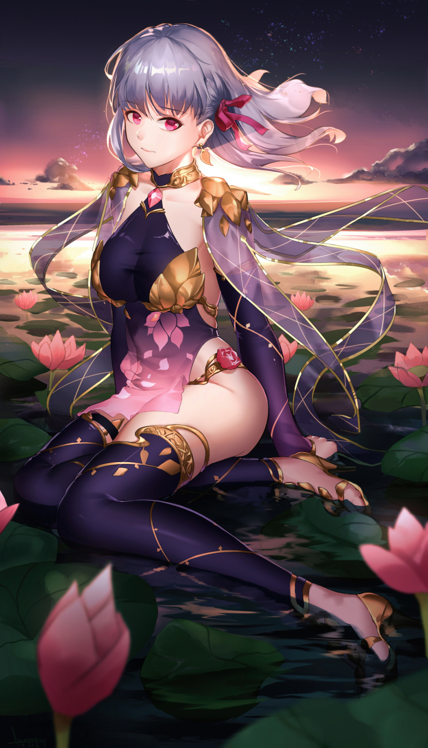 1girl absurdres bangs breasts commentary_request dress earrings eyebrows_visible_through_hair fate/grand_order fate_(series) flower full_body hair_ribbon highres in_water jewelry kama_(fate/grand_order) large_breasts looking_at_viewer luomo medium_hair outdoors pink_flower purple_dress purple_legwear red_eyes red_flower ribbon silver_hair sitting sleeveless sleeveless_dress solo star sunset thigh-highs