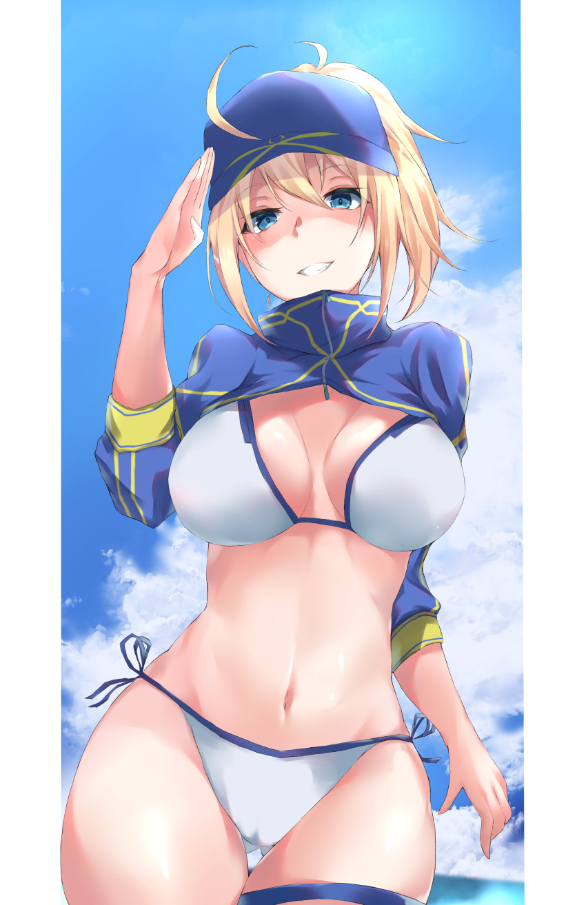 1girl absurdres ahoge artoria_pendragon_(all) baseball_cap bikini blonde_hair blue_headwear blue_sky blush breasts clouds cloudy_sky commentary_request day fate/grand_order fate_(series) gluteal_fold grin hair_through_headwear hat head_tilt high_ponytail highres horizon large_breasts long_sleeves mysterious_heroine_xx_(foreigner) navel ocean ponytail salute shrug_(clothing) side-tie_bikini sidelocks sky smile solo swimsuit thigh_strap water white_bikini yuki_maccha_(yukimattya10)