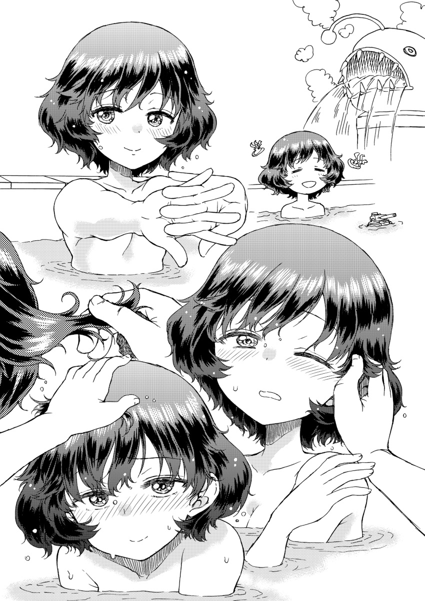 1girl akiyama_yukari anglerfish blush disembodied_hands disembodied_limb doujinshi fountain girls_und_panzer ground_vehicle hair_pull hand_in_another's_hair hand_on_another's_head highres hirota_masatane interlocked_fingers looking_at_viewer messy_hair military military_vehicle monochrome motor_vehicle multiple_views one_eye_closed onsen petting screentones short_hair stretch tank