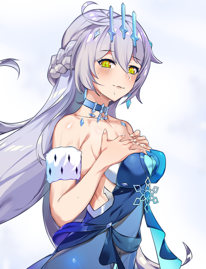 1girl ahoge alternate_costume bare_shoulders blue_dress blush braid breasts choker diamond-shaped_pupils dress french_braid gimnang hair_between_eyes hands_on_own_chest highres honkai_(series) honkai_impact_3rd kiana_kaslana kiana_kaslana_(herrscher_of_the_void) long_hair looking_at_viewer medium_breasts naughty_face ribs shiny shiny_skin silver_hair smile snowflake_ornament solo strapless strapless_dress sweat symbol-shaped_pupils very_long_hair yellow_eyes