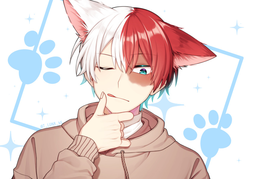 1boy @ animal_ears artist_name boku_no_hero_academia brown_hoodie burn_scar commentary_request dog_ears eyebrows_visible_through_hair face grey_eyes highres hood hoodie looking_at_viewer lukapang multicolored_hair one_eye_closed paw_print redhead scar short_hair solo todoroki_shouto tongue tongue_out two-tone_hair white_hair