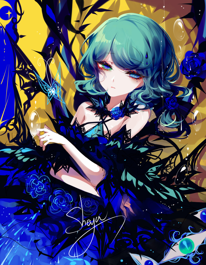 1girl absurdres artist_name bangs bare_shoulders blue_dress blue_flower blue_rose bug butterfly cowboy_shot dress eyebrows_visible_through_hair eyelashes flower green_eyes green_hair highres insect looking_at_viewer original rose sheya short_hair signature solo water_drop yellow_background