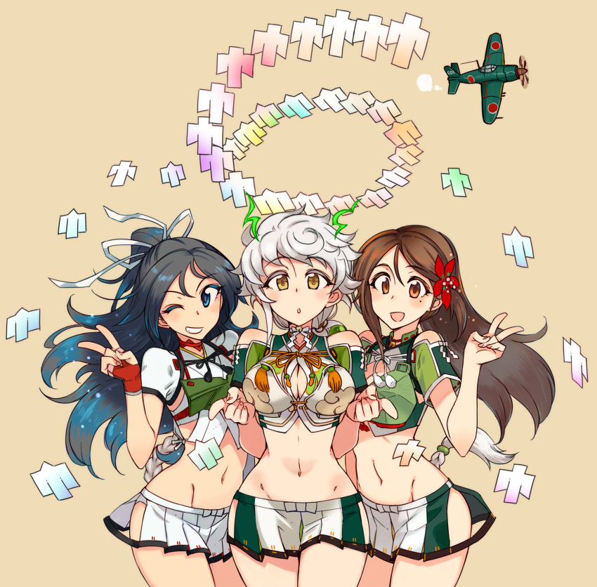 3girls :d :o aircraft airplane amagi_(kantai_collection) asymmetrical_hair bangs black_hair blue_eyes braid breasts brown_eyes brown_hair cleavage_cutout cloud_print colored_eyelashes cowboy_shot crop_top detached_sleeves elbow_gloves eyebrows_visible_through_hair fingerless_gloves flower gloves gradient_hair grin hair_flower hair_ornament hair_ribbon high_ponytail highres hip_vent jitome kantai_collection katsuragi_(kantai_collection) kusanagi_tonbo large_breasts leaf_hair_ornament long_braid long_hair looking_at_viewer midriff mole mole_under_eye multicolored_hair multiple_girls navel one_eye_closed open_mouth parted_bangs pleated_skirt pointing pointing_at_viewer ponytail remodel_(kantai_collection) ribbon shikigami short_sleeves sidelocks silver_hair simple_background single_braid skirt small_breasts smile standing stomach thigh-highs thighs two-tone_hair unryuu_(kantai_collection) v very_long_hair wavy_hair white_ribbon wide_ponytail yellow_background yellow_eyes zettai_ryouiki
