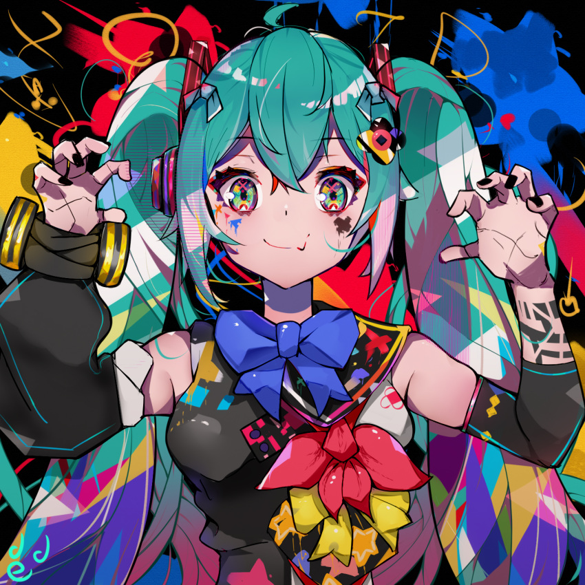 aqua_eyes aqua_hair arm_tattoo bare_shoulders black_nails blue_bow blue_neckwear bow bowtie claw_pose detached_sleeves facepaint fang hair_bow hair_ornament hands_up hatsune_miku headphones hello_(706898515) highres magical_mirai_(vocaloid) multicolored multicolored_eyes multicolored_hair nail_polish red_bow skin_fang sleeveless smirk tattoo twintails upper_body vocaloid yellow_bow