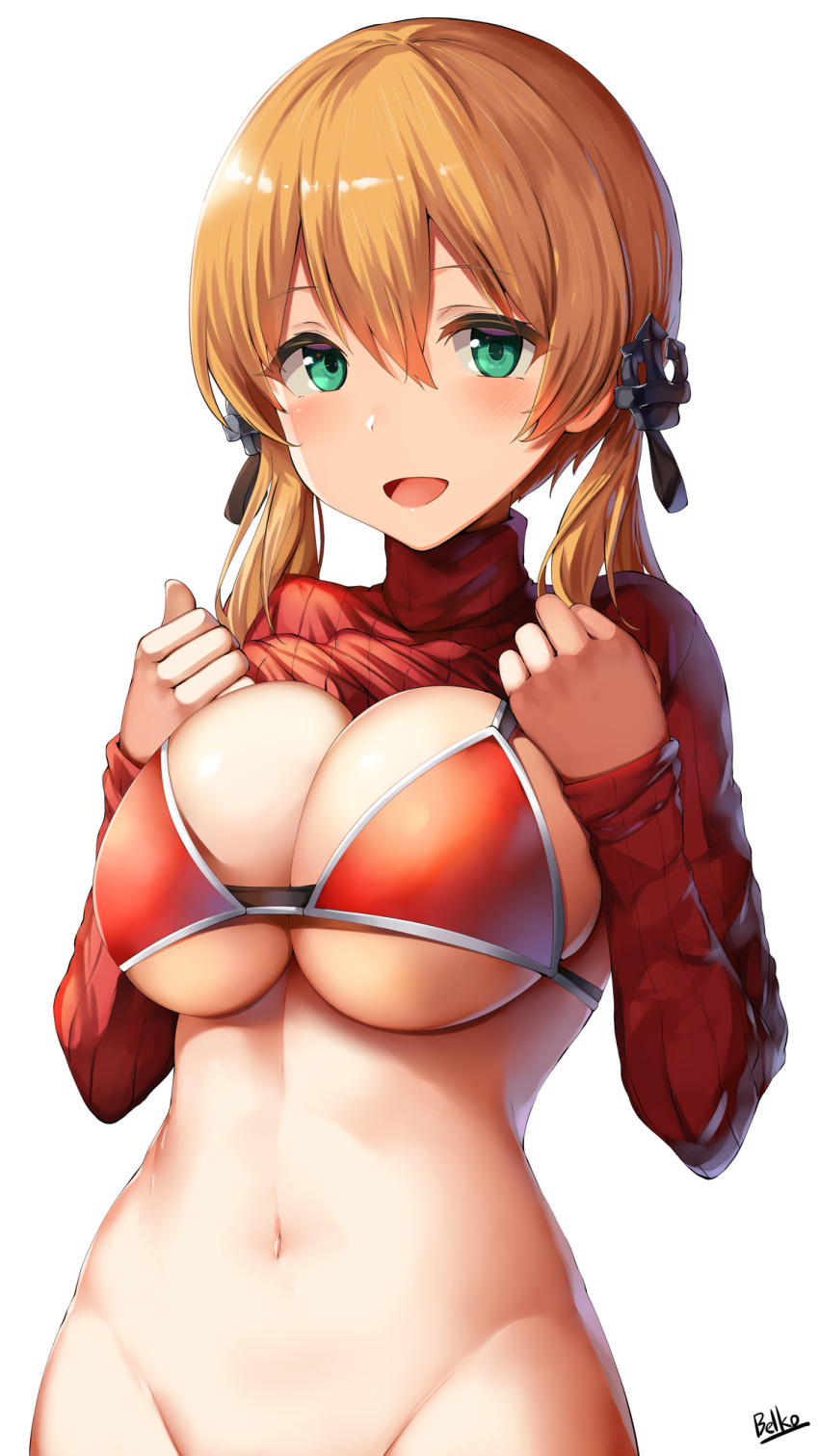1girl anchor_hair_ornament aqua_eyes bangs blonde_hair blush breasts cleavage hair_between_eyes hair_ornament highres kantai_collection large_breasts lolicept long_hair looking_at_viewer navel open_mouth prinz_eugen_(kantai_collection) red_bikini_top simple_background smile solo twintails white_background