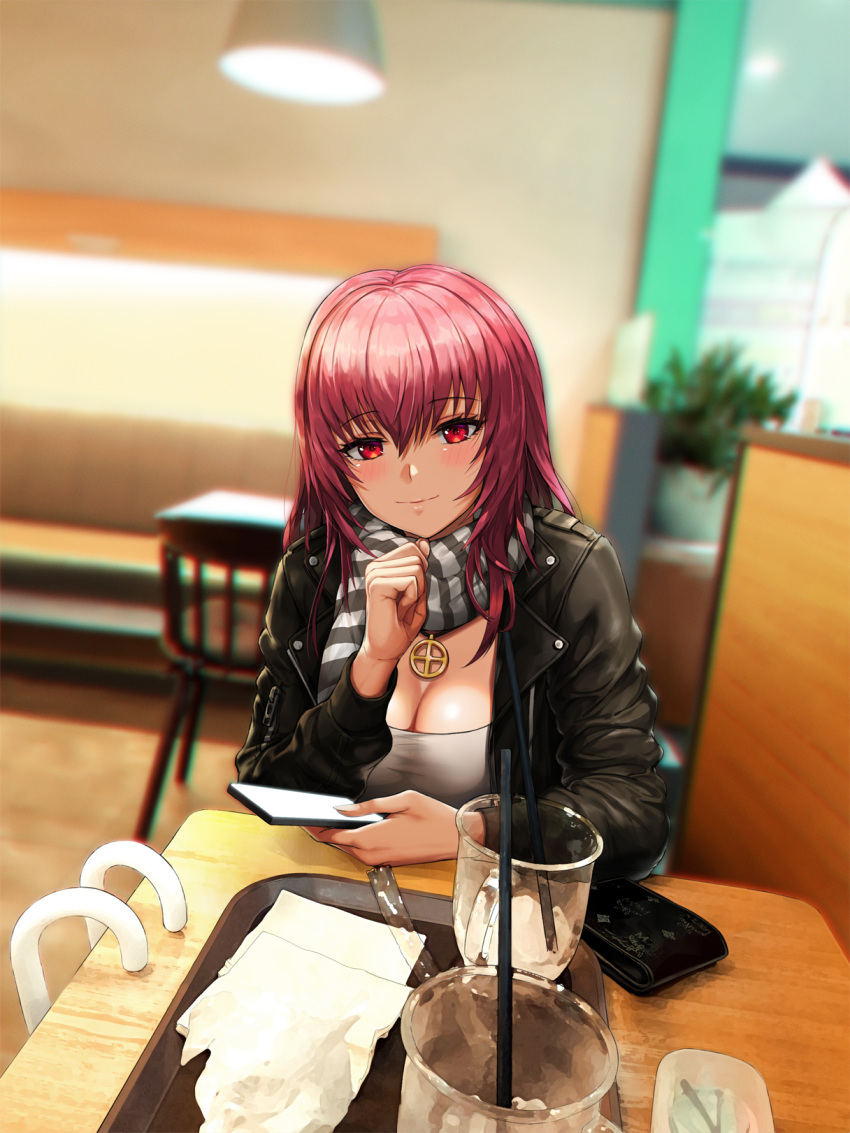 1girl bangs black_jacket blush breasts casual cellphone cleavage closed_mouth eyebrows_visible_through_hair fate/grand_order fate_(series) greem_bang hair_between_eyes head_tilt highres holding holding_phone indoors jacket large_breasts long_hair looking_at_viewer phone purple_hair red_eyes scarf scathach_(fate)_(all) scathach_(fate/grand_order) shirt smartphone smile solo very_long_hair white_shirt