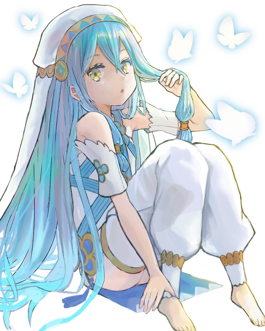 1girl absurdres anklet aqua_(fire_emblem_if) ass blue_hair child elbow_gloves fire_emblem fire_emblem_heroes fire_emblem_if gloves highres intelligent_systems jewelry long_hair looking_at_viewer nintendo open_mouth peppedayo_ne solo thigh-highs yellow_eyes young younger