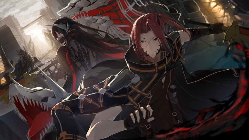 1boy 1girl black_gloves black_hair city clouds cloudy_sky code_vein commentary_request destruction fingerless_gloves gas_mask gloves glowing glowing_eyes highres jacket jacket_on_shoulders long_hair looking_back mag_(mag42) monster red_eyes short_sleeves sky smile tongue tongue_out vampire yakumo_(code_vein)