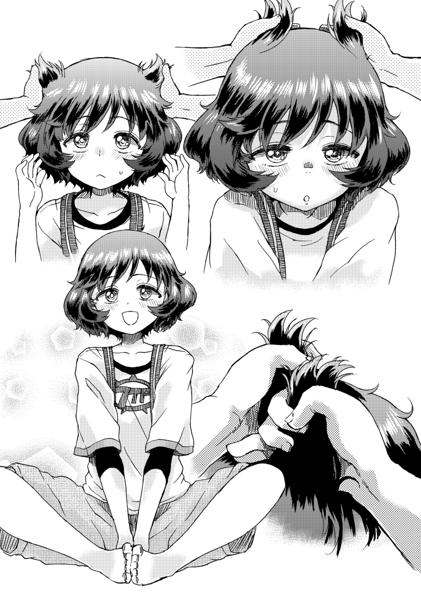 1girl :d :o akiyama_yukari barefoot cargo_shorts collarbone comic disembodied_hands disembodied_limb doujinshi feet_together hand_in_another's_hair hand_on_another's_head highres hirota_masatane knees_apart_feet_together looking_at_viewer looking_up messy_hair monochrome multiple_views open_mouth screentones shirt short_hair short_sleeves shorts smile t-shirt white_background white_shirt