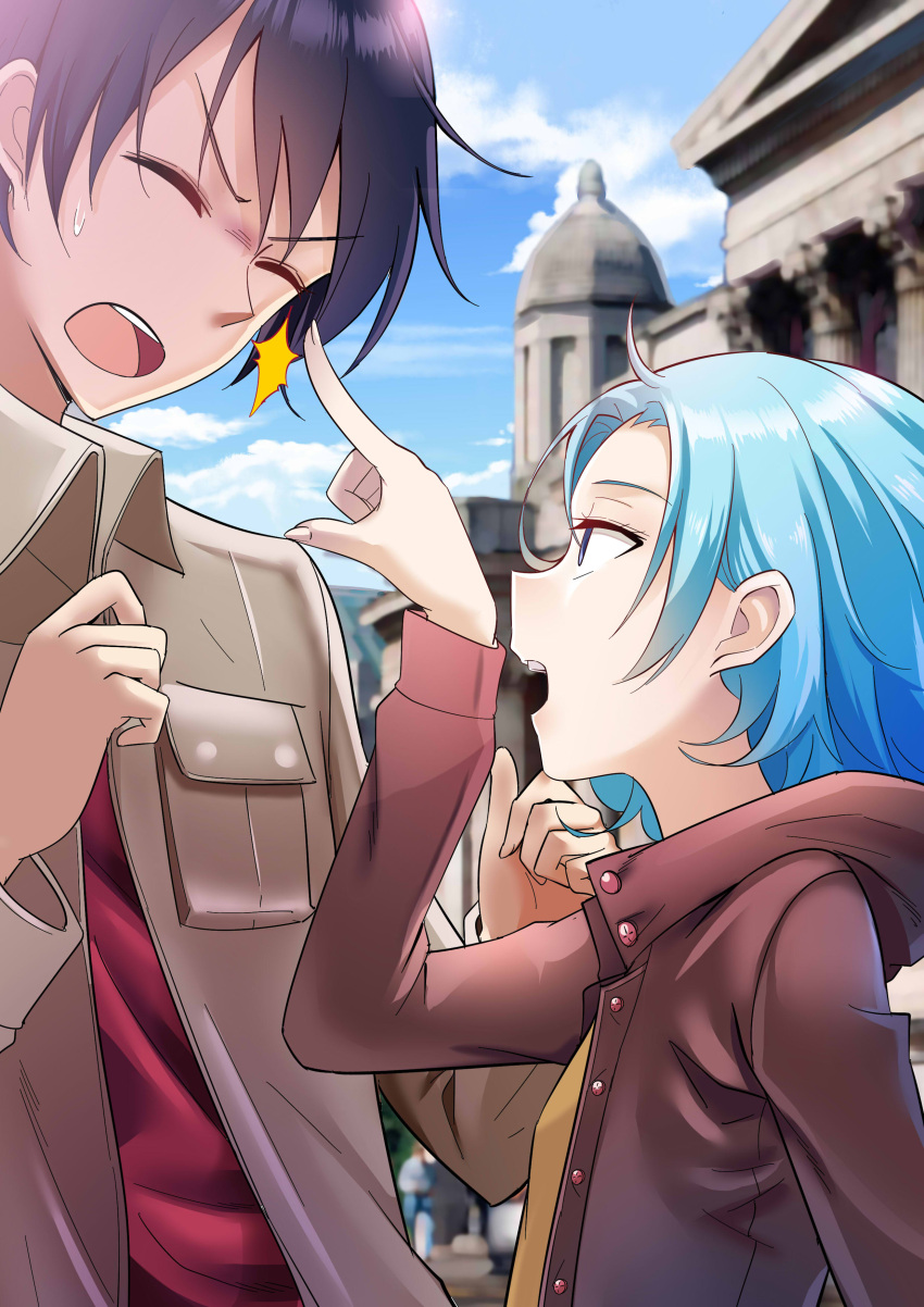 1boy 1girl absurdres aqua_hair black_hair blue_eyes blurry blurry_background closed_eyes clouds commentary commentary_request ears einstein_(honkai_impact) eyebrows eyebrows_visible_through_hair fingers hair_between_eyes highres hirakuneko honkai_(series) honkai_impact_3rd jacket messy_hair open_mouth poking sky welt_joyce