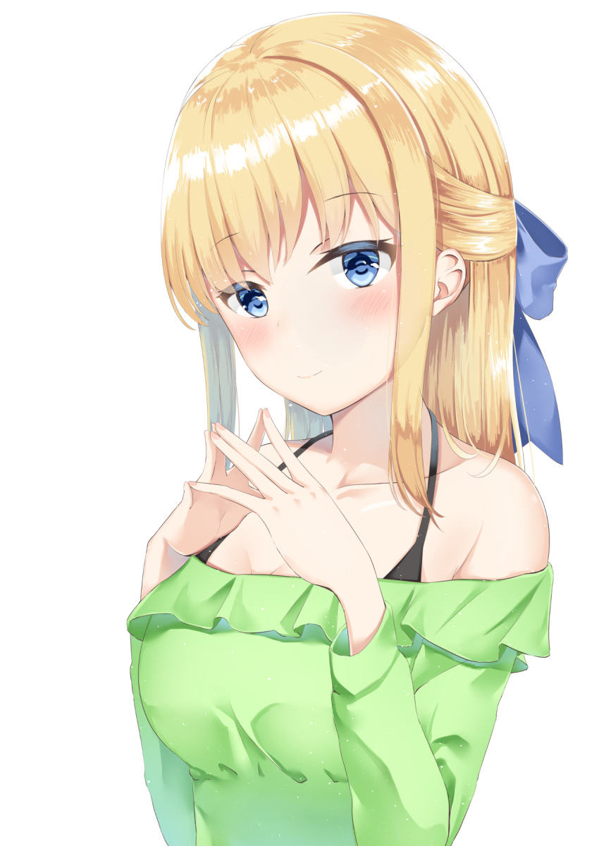 1girl blonde_hair blue_bow blue_eyes blush bow breasts collarbone green_shirt hair_bow hands_up highres kanade_pa long_hair long_sleeves looking_at_viewer medium_breasts original shirt sidelocks simple_background steepled_fingers upper_body white_background
