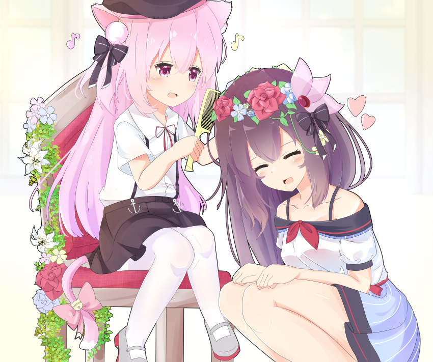 2girls :d absurdres animal_ear_fluff animal_ears azur_lane bangs bell beret blue_flower blue_skirt blush bow brown_hair brown_headwear brown_skirt cat_ears cat_girl cat_tail chair closed_eyes collared_shirt comb combing commentary_request crossover dress_shirt eyebrows_visible_through_hair flower flower_wreath grey_footwear hair_between_eyes hair_ornament hat head_wreath heart highres holding_comb huge_filesize jingle_bell kantai_collection kisaragi_(azur_lane) kisaragi_(kantai_collection) long_hair multiple_girls namesake nekoyanagi_(azelsynn) off-shoulder_shirt off_shoulder on_chair open_mouth pantyhose pink_bow pink_hair puffy_short_sleeves puffy_sleeves quaver_earrings red_flower red_rose rose shirt shoes short_sleeves sitting skirt smile squatting striped suspender_skirt suspenders tail tail_bell tail_bow vertical-striped_skirt vertical_stripes very_long_hair violet_eyes white_background white_flower white_legwear white_shirt