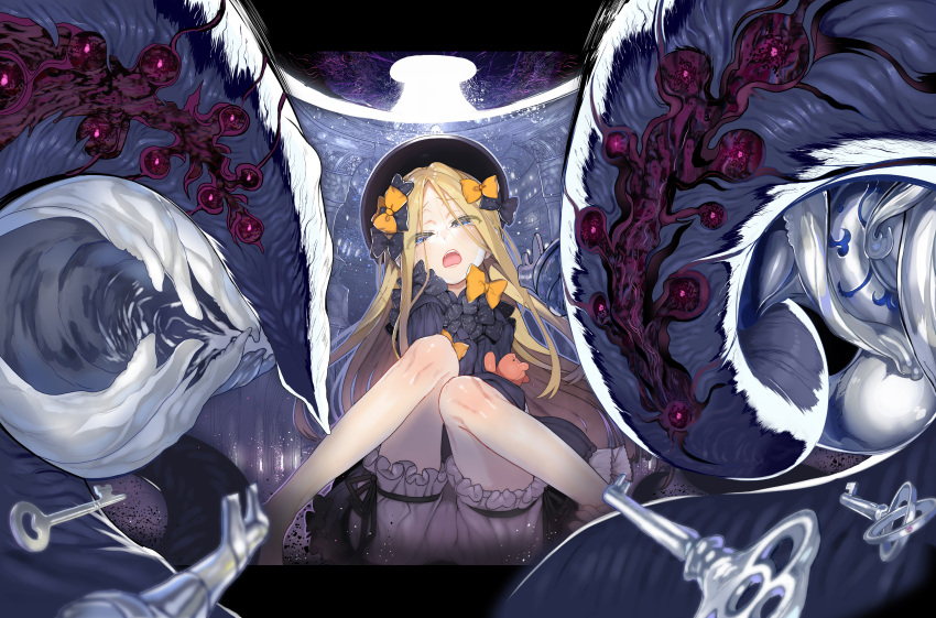 1girl abigail_williams_(fate/grand_order) bangs black_bow black_headwear blonde_hair blue_eyes blush bow char commentary_request dress eyebrows_visible_through_hair fate/grand_order fate_(series) hair_bow half-closed_eyes hat highres long_hair long_sleeves looking_at_viewer open_mouth orange_bow parted_bangs polka_dot polka_dot_bow sitting sleeves_past_fingers sleeves_past_wrists solo stuffed_animal stuffed_toy teddy_bear tentacle upper_teeth very_long_hair