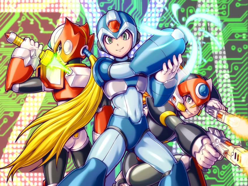 3boys android arm_cannon axl blonde_hair blue_eyes brown_hair capcom dual_wielding energy_blade green_eyes grin gun helmet holding holding_weapon kuroshio_(zung-man) long_hair looking_back male_focus multiple_boys ponytail rockman rockman_x scar smile weapon x_(rockman) zero_(rockman)