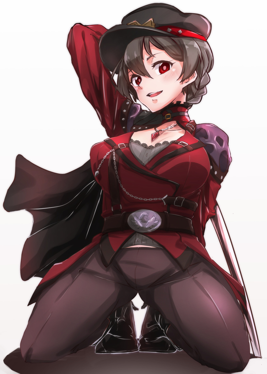 1girl absurdres ahoge bangs belt black_pants blush braid braiding_hair breasts buckle chains choker cloak coat eyebrows eyebrows_behind_hair hairdressing hat high_heels highres idol_heroes_(idolmaster) idolmaster idolmaster_million_live! idolmaster_million_live!_theater_days jewelry large_breasts light_brown_hair moment_(moment_607) necklace open_eyes open_mouth pants parted_bangs peaked_cap rapier red_eyes red_neckwear sakuramori_kaori shawdow short_hair simple_background sword uniform weapon white_background