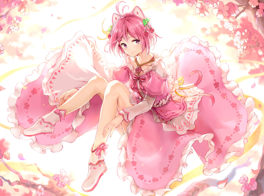 1girl absurdres animal_ears antenna_hair bangs blurry blurry_background boots bow cherry_blossoms cherry_hair_ornament closed_mouth commentary_request dennou_shoujo_youtuber_shiro depth_of_field eyebrows_visible_through_hair fake_animal_ears flower food_themed_hair_ornament frilled_skirt frills hair_between_eyes hair_ornament highres knees_up long_sleeves looking_at_viewer maeshimashi petals pink_bow pink_flower pink_hair pink_shirt pink_skirt puffy_short_sleeves puffy_sleeves shiro_(dennou_shoujo_youtuber_shiro) shirt short_sleeves skirt smile solo tree_branch violet_eyes virtual_youtuber white_footwear