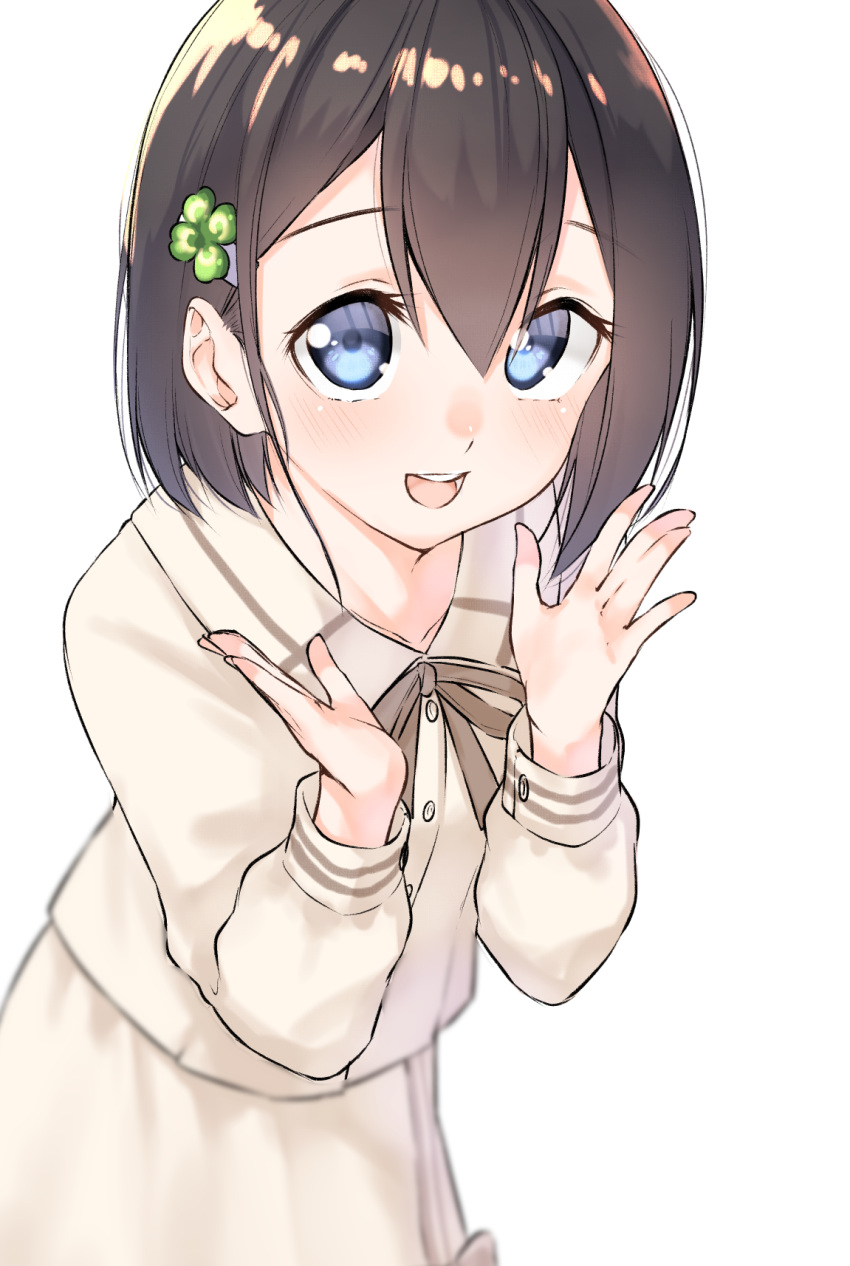 1girl :d bangs blue_eyes blush brown_hair brown_shirt brown_skirt clover_hair_ornament collared_shirt commentary_request dress_shirt eyebrows_visible_through_hair four-leaf_clover_hair_ornament grey_ribbon hair_between_eyes hair_ornament hairclip hands_up highres long_sleeves looking_at_viewer neck_ribbon open_mouth original ribbon round_teeth shirt simple_background skirt smile solo suzunari_shizuku teeth upper_teeth white_background yuki_arare