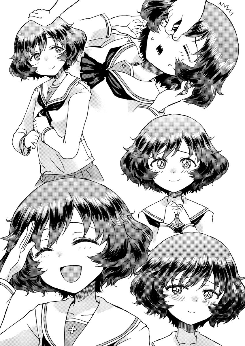/\/\/\ 1girl :d =_= akiyama_yukari black_neckwear blush closed_eyes disembodied_hands disembodied_limb doujinshi from_side girls_und_panzer hand_in_another's_hair hand_on_another's_head highres hirota_masatane long_sleeves looking_at_viewer looking_back lying messy_hair miniskirt monochrome multiple_views neckerchief on_back ooarai_school_uniform open_mouth petting pleated_skirt salute school_uniform screentones short_hair skirt smile