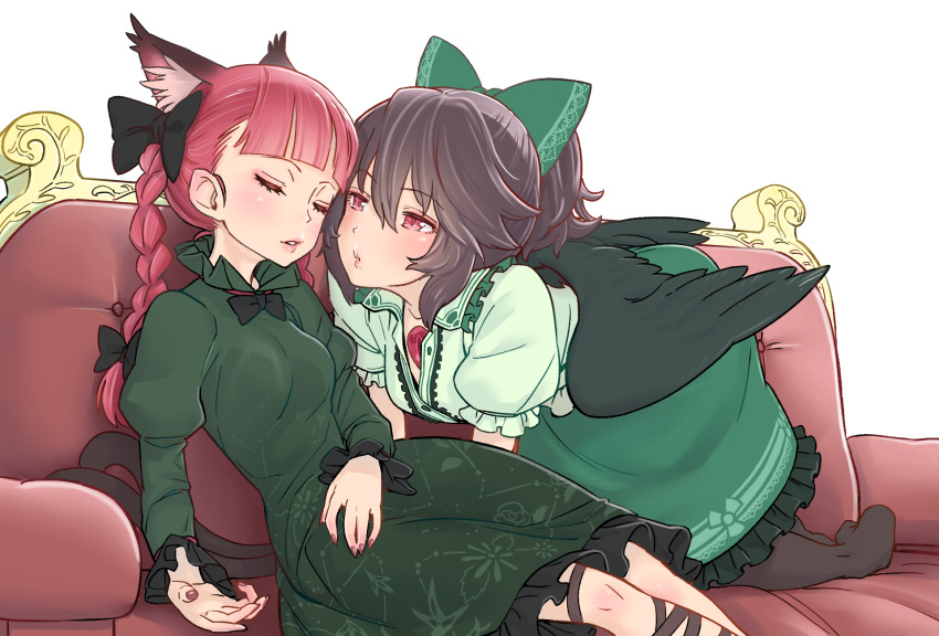 2girls all_fours animal_ear_fluff animal_ears bangs bird_wings black_hair black_legwear blouse blunt_bangs blush bow braid breasts cat_ears commentary_request couch dress extra_ears eyebrows_visible_through_hair eyelashes feathered_wings feet_out_of_frame frilled_skirt frilled_sleeves frills green_bow green_dress green_skirt hair_between_eyes hair_bow hand_on_lap high_collar highres imminent_kiss indoors juliet_sleeves kaenbyou_rin kawayabug leg_ribbon lips long_sleeves looking_at_another medium_breasts multiple_girls nail_polish no_shoes on_couch open_hand pantyhose parted_lips petticoat pointy_ears ponytail puckered_lips puffy_short_sleeves puffy_sleeves red_eyes red_nails redhead reiuji_utsuho ribbon short_hair short_sleeves sitting skirt sleeping third_eye touhou twin_braids white_blouse wings yuri