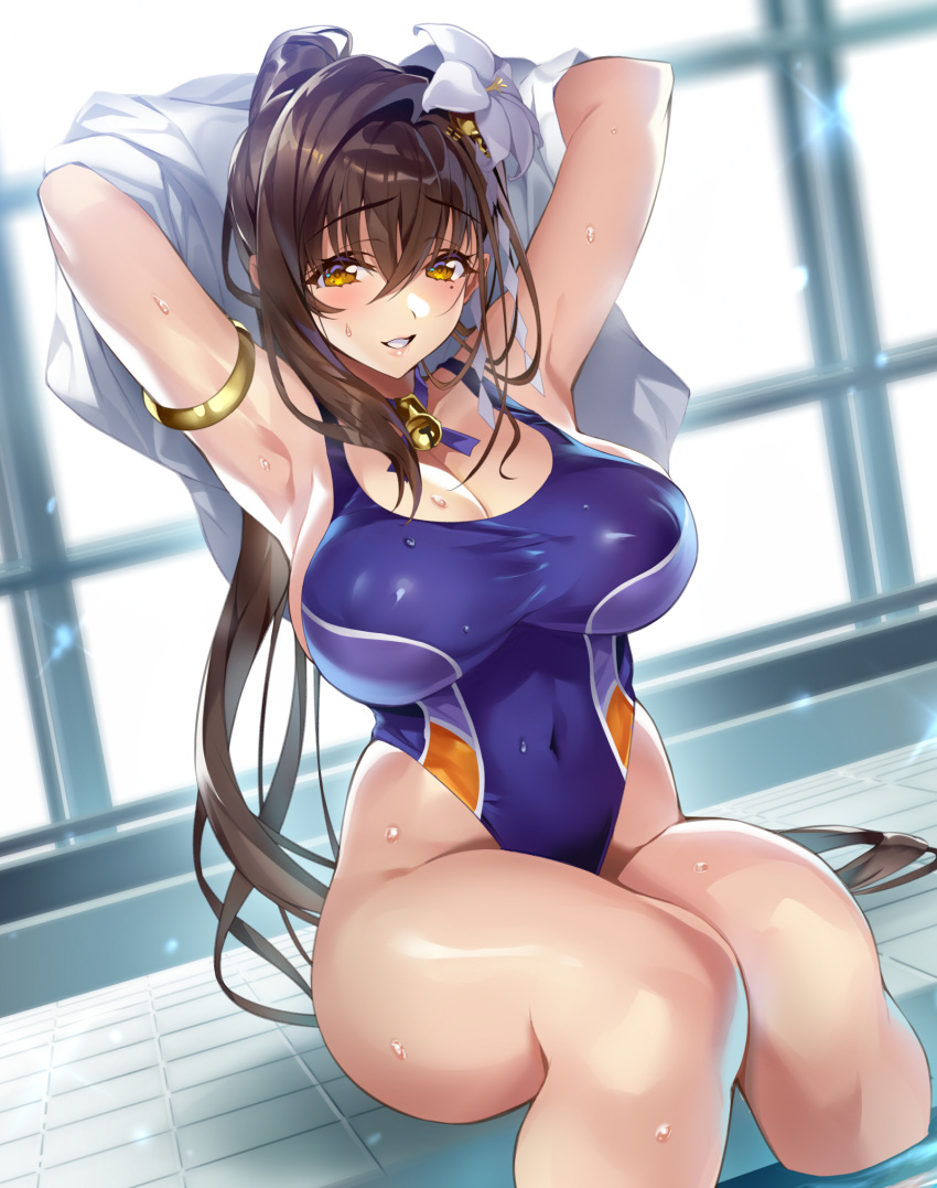 1girl arm_strap armlet armpits arms_behind_head arms_up backlighting bangs bell bell_choker blue_choker blue_ribbon blue_swimsuit blurry blush bokeh breasts brown_hair choker cleavage commentary_request competition_swimsuit covered_navel day depth_of_field diffraction_spikes dutch_angle erect_nipples eyebrows_visible_through_hair feet_out_of_frame flower gan_(shanimuni) groin hair_between_eyes hair_flower hair_intakes hair_ornament high_ponytail highleg highleg_swimsuit highres holding holding_towel indoors jingle_bell kanpani_girls large_breasts legs_together light_smile lily_(flower) lips long_hair long_ponytail looking_at_viewer mole mole_under_eye one-piece_swimsuit parted_lips ponytail pool poolside puffy_nipples raised_eyebrows ribbon ribbon_choker shide shiny shiny_clothes shiny_hair shiny_skin shirayuri_sakura sidelocks single_hair_intake single_sidelock sitting smile soaking_feet solo sunlight swimsuit taut_clothes thighs tile_floor tiles towel very_long_hair water wet white_flower white_towel window yellow_eyes