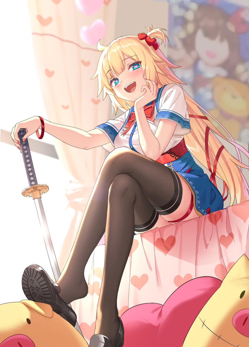 1girl :d absurdres akai_haato bed black_gloves blonde_hair blue_eyes blush bracelet breasts chin_rest crossed_arms curtains drogoth gloves heart heart-shaped_pupils highres hololive jewelry katana loafers long_hair looking_at_viewer nail_polish open_mouth red_nails shoes skirt smile solo stuffed_toy sword symbol-shaped_pupils teeth thigh-highs thigh_strap virtual_youtuber weapon window