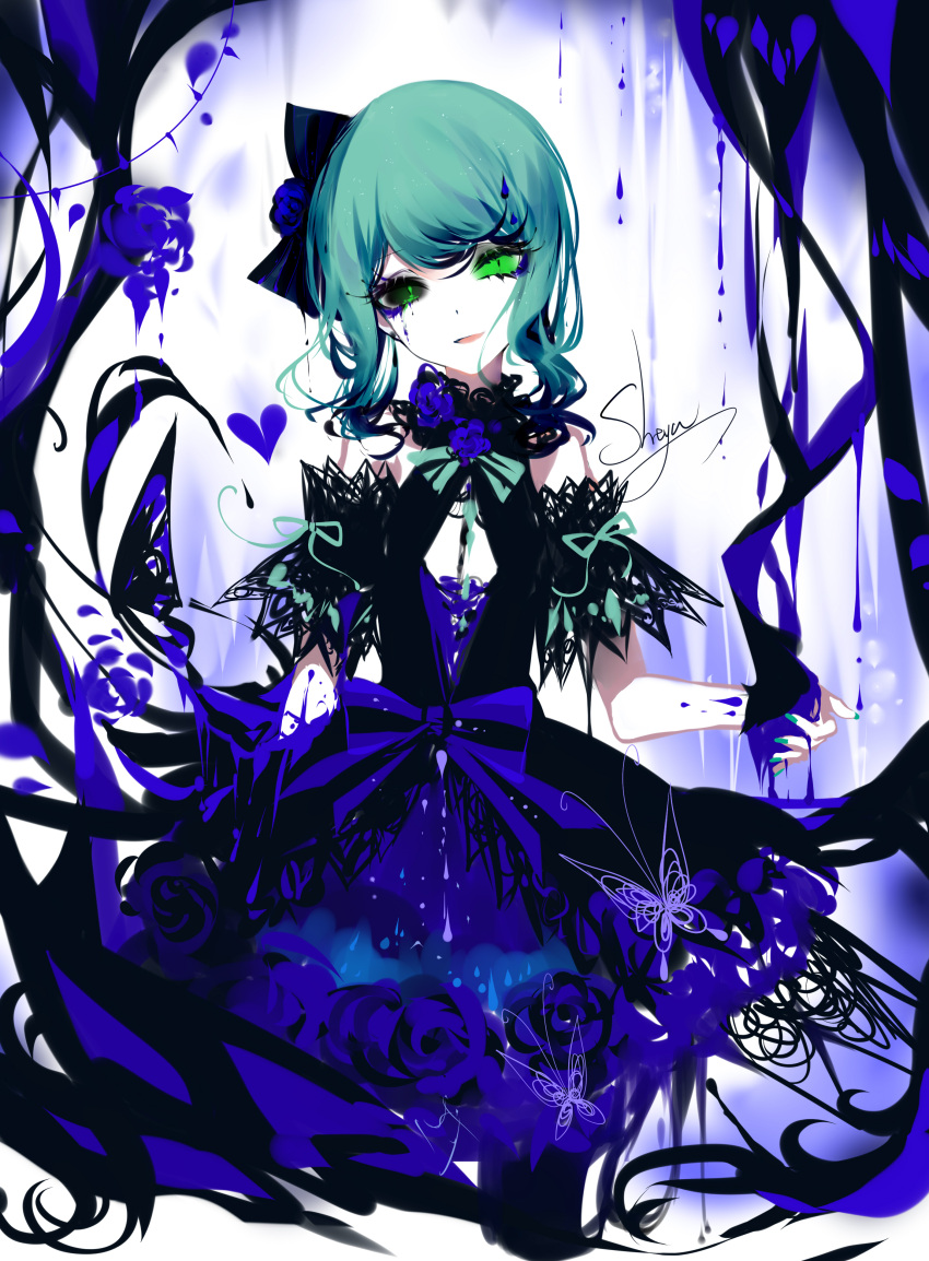 1girl absurdres arm_ribbon artist_name bangs bare_shoulders black_bow black_sclera blue_dress blue_flower blue_rose bow bug butterfly detached_sleeves dress flower green_eyes green_hair green_ribbon hair_bow heart highres insect looking_at_viewer mismatched_sclera original parted_lips ribbon rose sheya short_hair short_sleeves signature smile solo