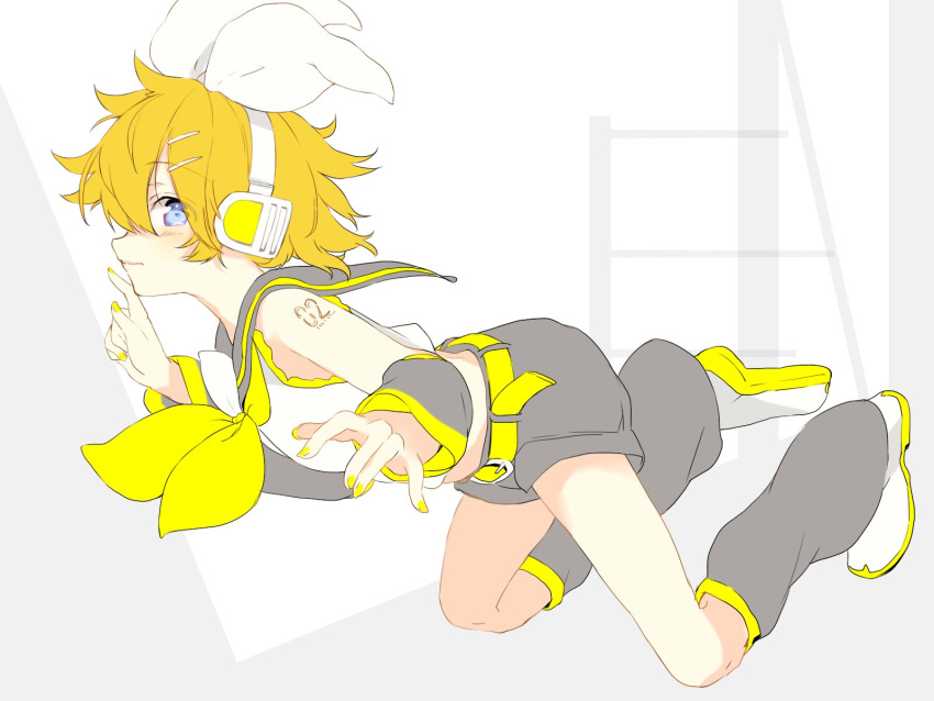 1boy androgynous arm_tattoo ascot bare_shoulders blonde_hair blue_eyes blush bow cosplay costume_switch crossdressinging detached_sleeves embarrassed hair_bow hair_ornament hairclip headphones headset highres kagamine_len kagamine_rin kagamine_rin_(cosplay) leg_warmers looking_at_viewer looking_to_the_side midriff nail_polish number_tattoo oyamada_gamata sailor_collar shirt shorts sleeveless sleeveless_shirt tattoo treble_clef vocaloid yellow_nails yellow_neckwear