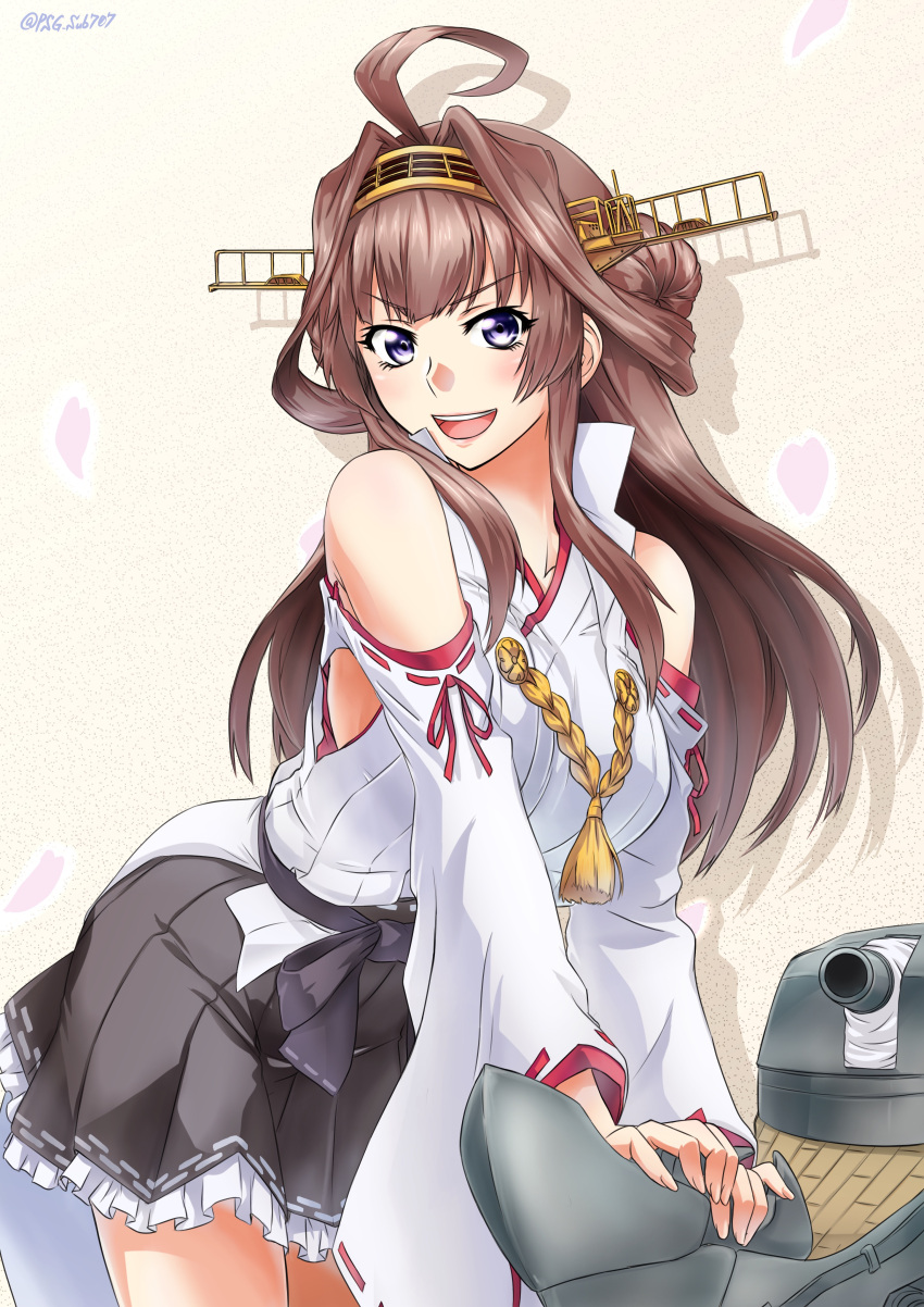 1girl absurdres ahoge akito_(sub707) bare_shoulders black_skirt breasts brown_hair detached_sleeves double_bun eyebrows_visible_through_hair hairband headgear highres japanese_clothes kantai_collection kongou_(kantai_collection) large_breasts long_hair looking_at_viewer nontraditional_miko open_mouth remodel_(kantai_collection) skirt smile solo thighs v-shaped_eyebrows violet_eyes