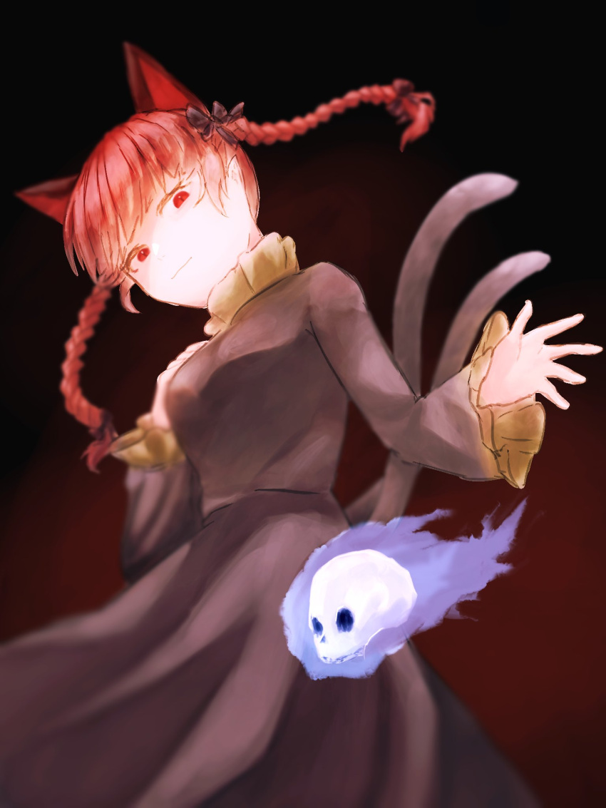 1girl animal_ears blue_fire braid cat_ears cat_tail dark_background extra_ears fire flaming_skull floating_hair floating_skull gradient gradient_background highres hitodama kaenbyou_rin long_hair multiple_tails nekomata pointy_ears red_background red_eyes redhead simple_background solo tail touhou twin_braids twintails two_tails whitebait0