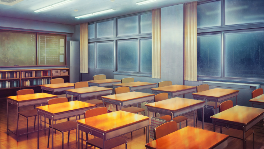 bag book bookshelf chair chalkboard classroom commentary curtains desk highres indoors locker mitsu_ura no_humans original rain scenery school_bag school_desk window