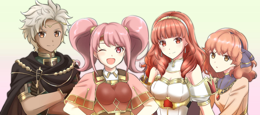 1boy 3girls boey_(fire_emblem) breastplate brown_eyes cape celica_(fire_emblem) circlet closed_mouth crossed_arms dark_skin dark_skinned_male detached_collar earrings fire_emblem fire_emblem_echoes:_mou_hitori_no_eiyuuou hairband highres jenny_(fire_emblem) jewelry kakiko210 long_hair mae_(fire_emblem) multiple_girls necklace nintendo one_eye_closed open_mouth parted_lips pink_eyes pink_hair red_eyes redhead short_hair short_sleeves simple_background smile twintails upper_body white_hair