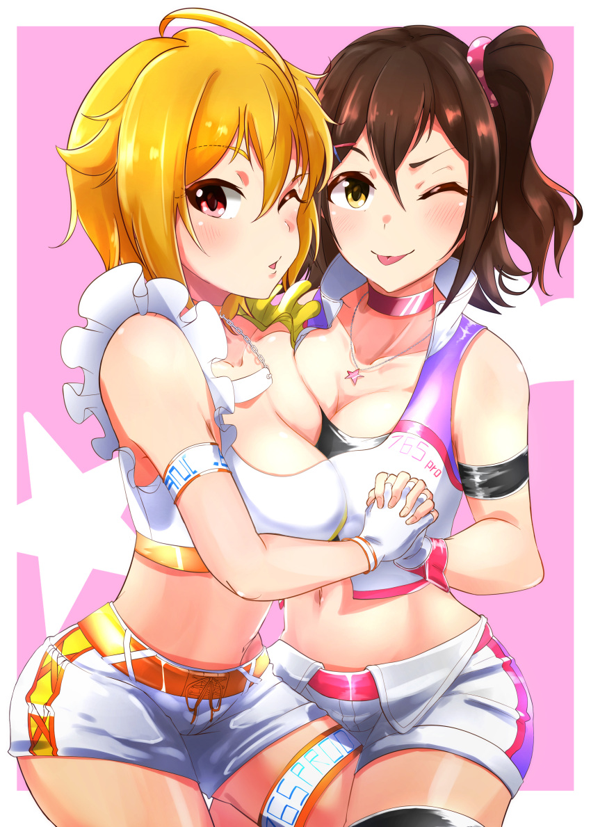 2girls :p absurdres ahoge armband bangs blonde_hair brown_hair chains choker eyebrows eyebrows_behind_hair eyebrows_visible_through_hair hair_ornament hairclip heart heart_background highres ibuki_tsubasa idolmaster idolmaster_million_live! idolmaster_million_live!_theater_days jewelry kasuga_mirai moment_(moment_607) multiple_girls necklace one_eye_closed one_side_up open_mouth parted_bangs pink_background pink_eyes pink_neckwear racequeen scrunchie short_hair shorts simple_background smile star star_necklace starry_background tongue tongue_out yellow_neckwear