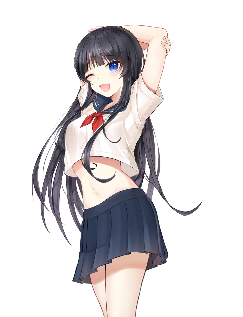 1girl ;d absurdres arms_behind_head arms_up bangs black_hair black_sailor_collar black_skirt blue_eyes blue_skirt blush breasts commentary cowboy_shot crop_top crop_top_overhang eyebrows_visible_through_hair fang highres long_hair looking_at_viewer medium_breasts midriff miyo_(user_zdsp7735) mole mole_under_eye navel neckerchief one_eye_closed open_mouth original pleated_skirt red_neckwear sailor_collar school_uniform serafuku shirt short_sleeves simple_background skirt smile solo standing stomach thighs very_long_hair white_background white_shirt