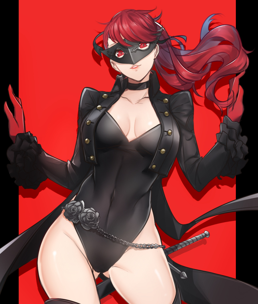 1girl black_border black_choker black_flower black_legwear black_leotard black_rose border breasts buttons chains choker coattails commentary cropped_jacket english_commentary flower frilled_sleeves frills gloves hair_ribbon highres juliet_sleeves leotard long_hair long_sleeves mask medium_breasts persona persona_5 persona_5_the_royal puffy_sleeves red_background red_eyes red_gloves redhead ribbon rose scabbard shadow sheath shrug smile solo sword thigh-highs tusia two-tone_background weapon yoshizawa_kasumi