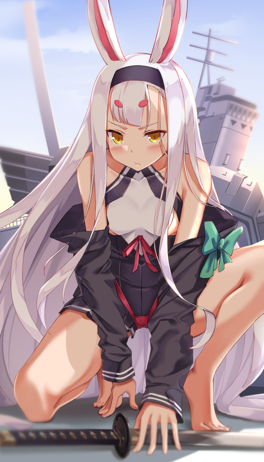 1girl absurdres animal_ears azur_lane bare_shoulders barefoot blurry breasts closed_mouth collarbone commentary_request depth_of_field feet hairband highres katana long_hair long_sleeves looking_at_viewer machinery monyu_(monyupop) off_shoulder rabbit_ears shimakaze_(azur_lane) small_breasts solo sword thighs torpedo_launcher v-shaped_eyebrows very_long_hair weapon white_hair yellow_eyes