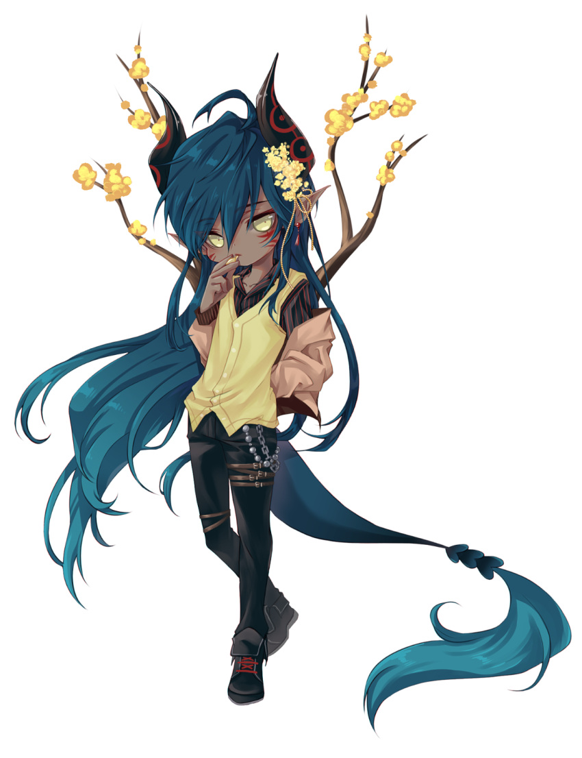 1boy belts blue_hair chains chocolatmochi dark_skin dragon_boy dragon_horns dragon_tail eating flower hand_in_pocket jacket long_hair male monster_boy mouth_hold original pants petals pointy_ears solo tattoo vest yellow_eyes