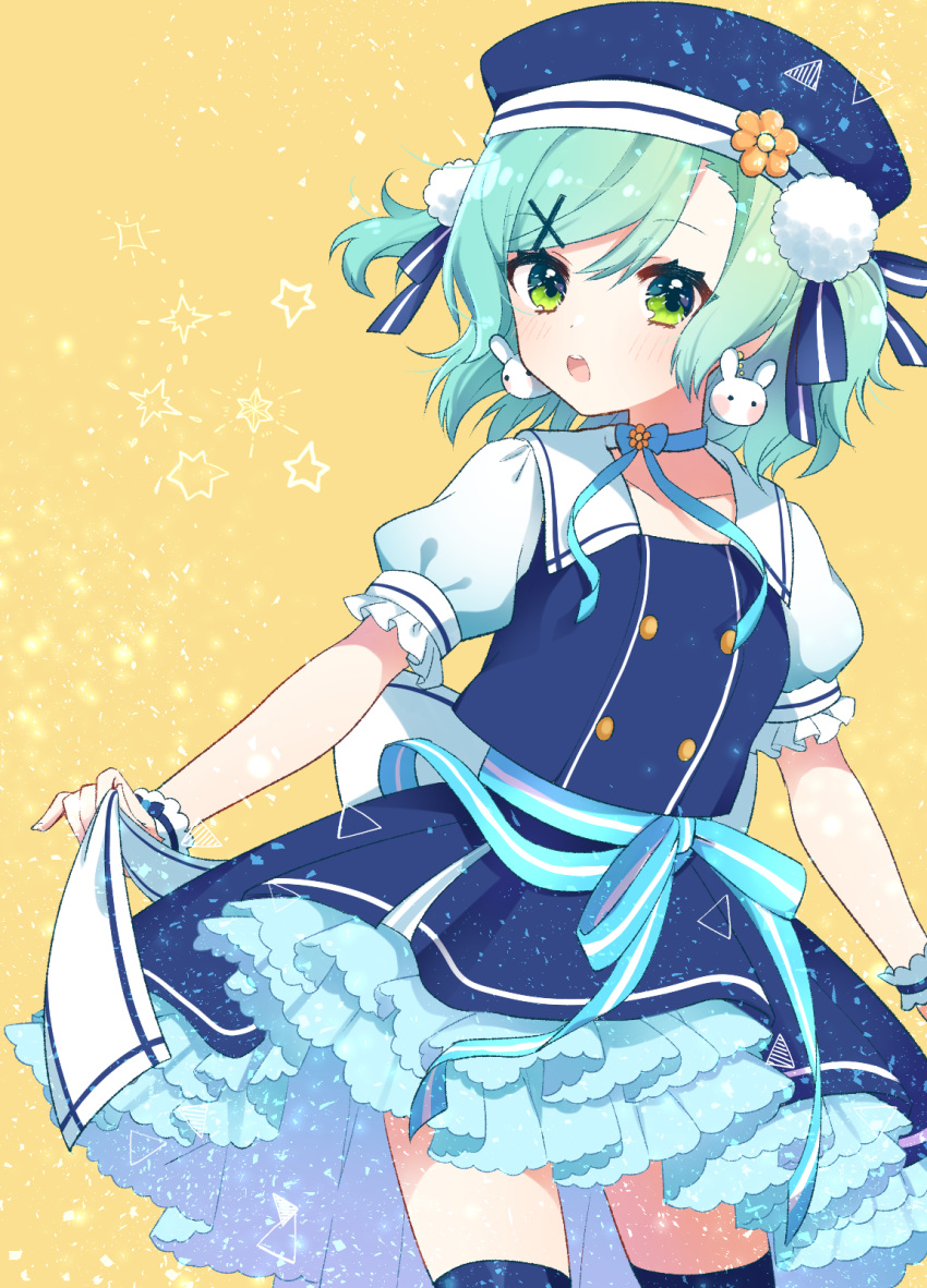 1girl :o alternate_hairstyle aqua_hair back_bow bang_dream! beret blue_dress blue_headwear blue_ribbon blush bow bunny_earrings choker commentary_request cosplay cosplay_request double-breasted dress flower frilled_sleeves frills gochuumon_wa_usagi_desu_ka? green_eyes hair_ornament hair_ribbon hat hat_flower highres hikawa_hina hinakano_h holding holding_ribbon looking_at_viewer orange_flower pom_pom_(clothes) ribbon ribbon_choker short_hair short_sleeves solo star striped striped_ribbon two_side_up wrist_cuffs x_hair_ornament yellow_background