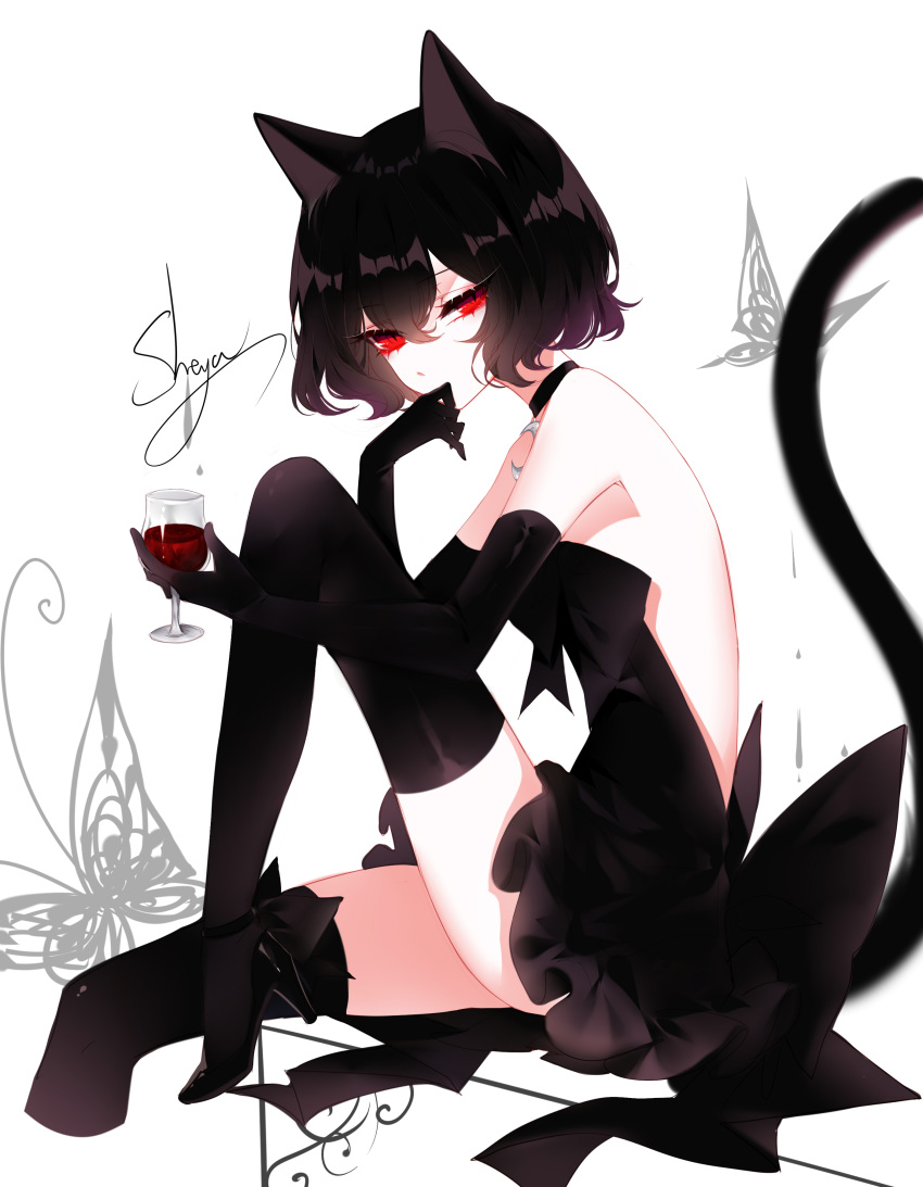 1girl absurdres alcohol animal_ears artist_name backless_dress backless_outfit bangs bare_shoulders black_bow black_choker black_dress black_footwear black_gloves black_hair bow bug butterfly cat_ears cat_tail choker crescent crescent_choker cropped_legs cup dress drinking_glass elbow_gloves eyelashes feet_out_of_frame gloves hair_between_eyes hand_to_own_mouth hand_up high_heels highres holding holding_cup insect knee_up looking_at_viewer original red_eyes sheya short_dress signature simple_background sitting solo strapless strapless_dress tail thigh-highs thighs white_background wine wine_glass