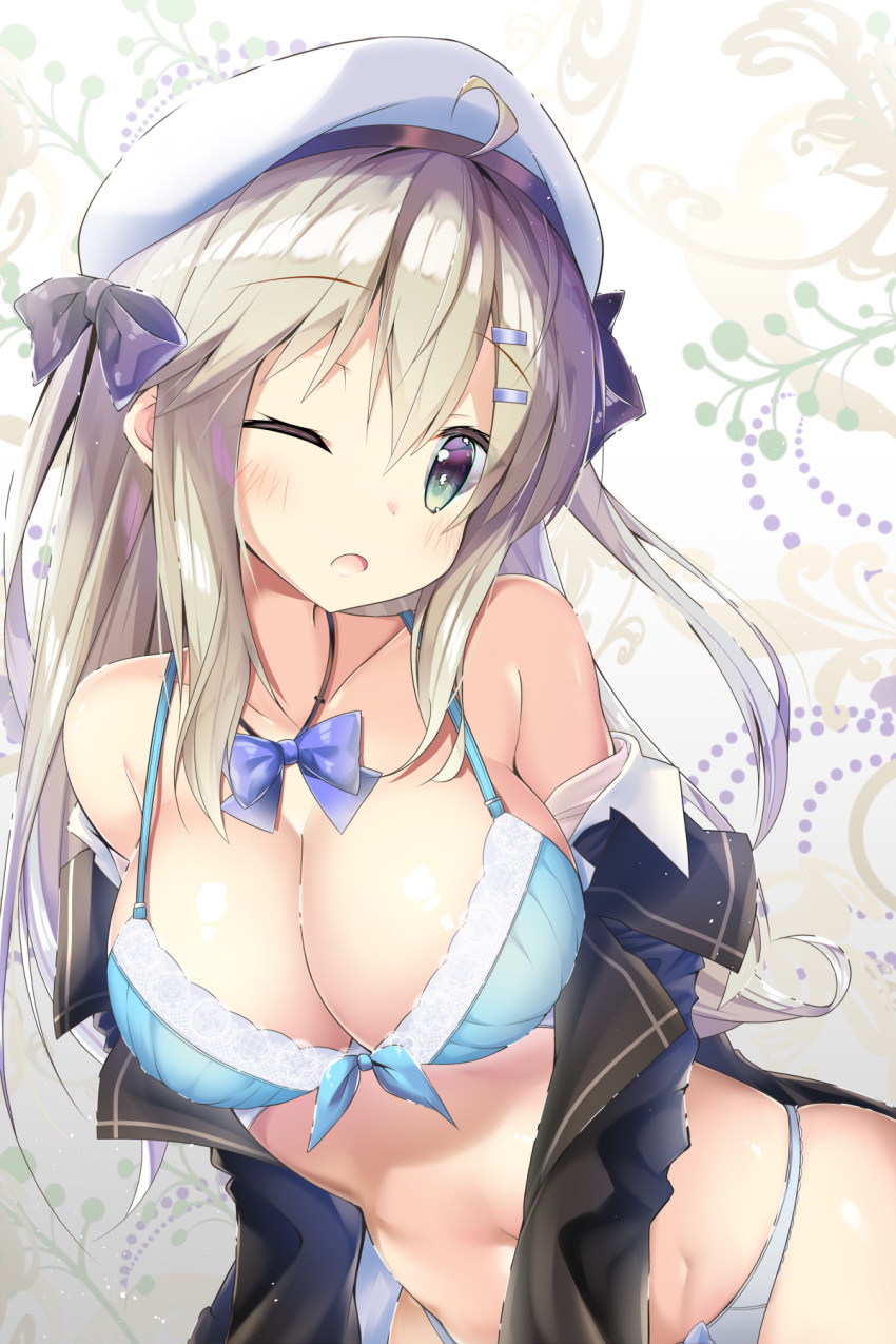 1girl ;o ahoge aqua_eyes bare_shoulders beret black_shirt blonde_hair blue_bra blue_neckwear blue_panties bow bow_panties bowtie bra breasts cleavage collarbone front-tie_bra hair_ornament hair_ribbon hairclip hat highres lace lace-trimmed_bra large_breasts long_hair long_sleeves looking_at_viewer maritaki navel off_shoulder one_eye_closed open_clothes open_mouth open_shirt original panties ribbon shiny shiny_skin shirt sidelocks solo stomach underwear upper_body white_headwear