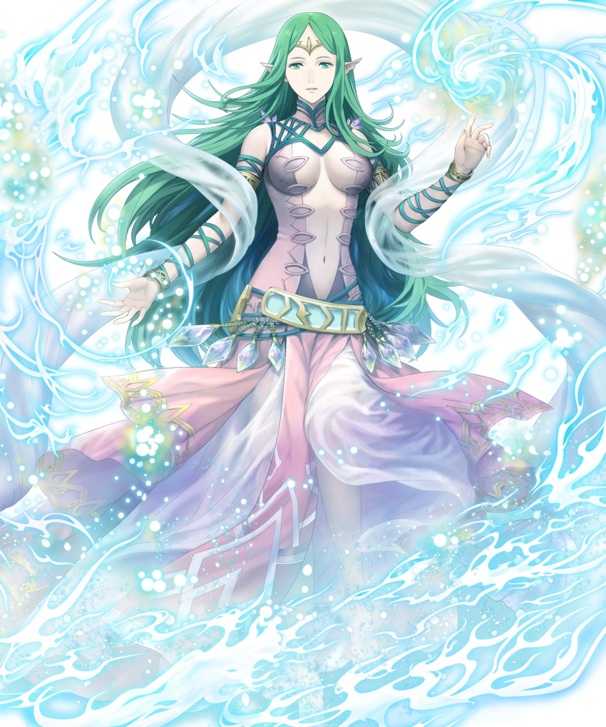 1girl armlet bangs bare_shoulders belt bracelet breasts closed_mouth dress fingernails fire_emblem fire_emblem:_kakusei fire_emblem:_mystery_of_the_emblem fire_emblem_heroes full_body gem green_eyes green_hair hands_up highres jewelry lips long_hair looking_at_viewer mamkute mayachise medium_breasts naga_(fire_emblem) navel non-web_source official_art pale_skin parted_bangs pointy_ears shiny shiny_hair sleeveless sleeveless_dress solo stomach tiara transparent_background turtleneck