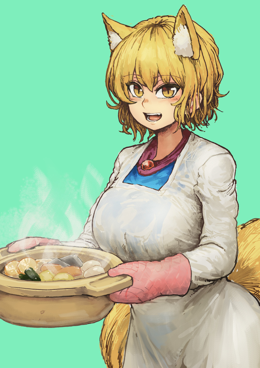 1girl absurdres animal_ears apron blonde_hair blue_dress breasts brooch chanta_(ayatakaoisii) cowboy_shot daikon dress extra_ears eyebrows_visible_through_hair fox_ears fox_tail green_background hair_between_eyes highres holding_pot hotpot jewelry konnyaku_(food) large_breasts multiple_tails no_headwear open_mouth oven_mitts short_hair simple_background slit_pupils solo standing steam tail teeth touhou yakumo_ran yellow_eyes