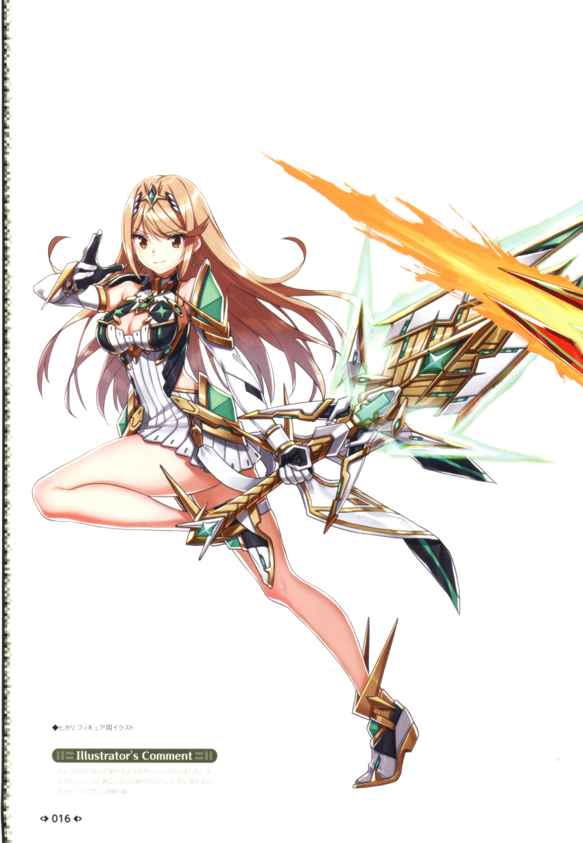 1girl absurdres bangs blonde_hair breasts brown_eyes cleavage cleavage_cutout closed_mouth dress elbow_gloves eyebrows_visible_through_hair gloves hand_up highres mythra_(xenoblade) holding holding_sword holding_weapon leg_up long_hair looking_at_viewer medium_breasts nintendo saitou_masatsugu scan shiny shiny_skin short_dress simple_background smile solo sword weapon white_gloves xenoblade_(series) xenoblade_2