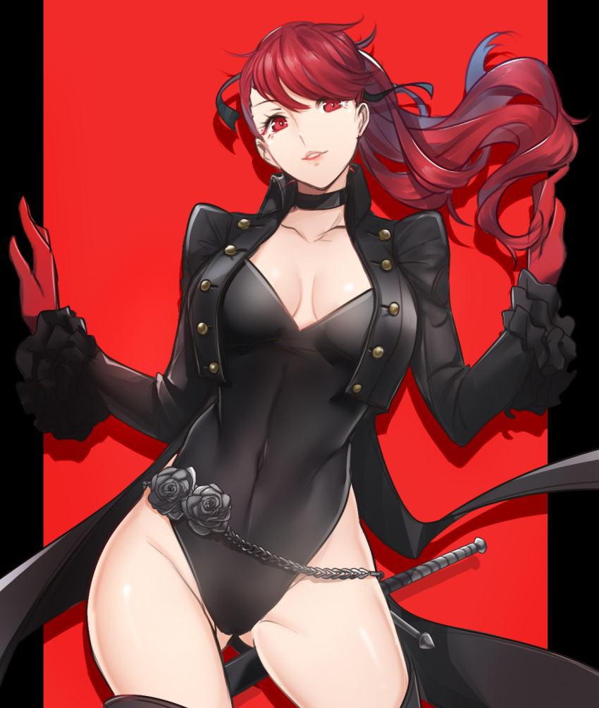 1girl black_border black_choker black_flower black_legwear black_leotard black_rose border breasts buttons chains choker coattails commentary cropped_jacket english_commentary flower frilled_sleeves frills gloves hair_ribbon highres juliet_sleeves leotard long_hair long_sleeves medium_breasts persona persona_5 persona_5_the_royal puffy_sleeves red_background red_eyes red_gloves redhead ribbon rose scabbard shadow sheath shrug smile solo sword thigh-highs tusia two-tone_background weapon yoshizawa_kasumi